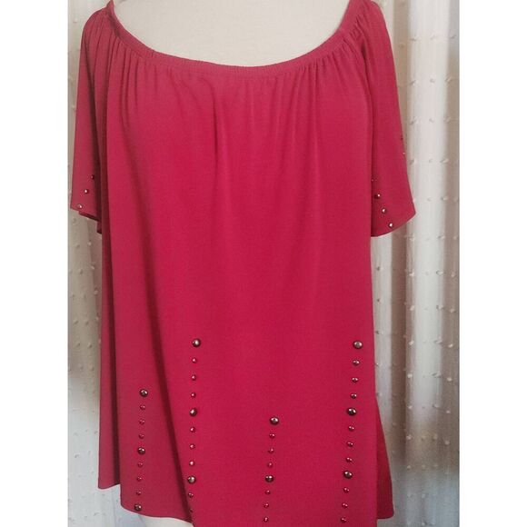 T74 Essentials Red Western stretchy top deep scoop neck silver decorative studs - Picture 1 of 10